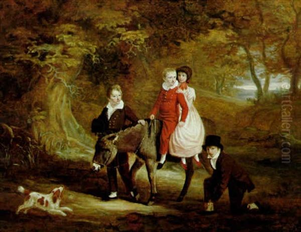 Children With Their Favourite Donkey In A Wood - view 1
