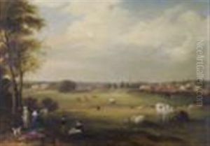 The Outskirts Of Melton Mowbraym, A Young Boy Flying A Kite, A Lady Painting At Her Easel And Other Figures