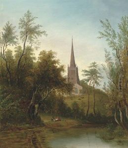 Figures By A Pond, With Cattle And A Church Beyond Figures By A Pond, With Cattle And A Church Beyond
