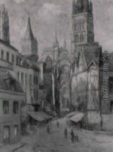 La Rue De L'epicerie Et La Cathedrale De Rouen by Julien Hippolyte Feron