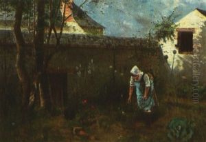 Haveparti Med Kvinde, Der Ordner Roser Haveparti Med Kvinde, Der Ordner Roser