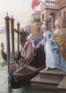 A Venetian Scene With Elegant Figures Boarding A Gondola by Carlo Ferranti
