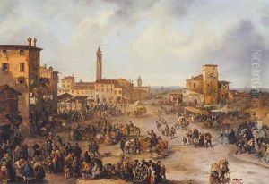 A View Of A Market Town And The Fair Of St. Allessandro In August/september In Bergamo(?) by Carlo Ferrari