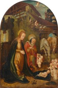 Double Sided Painted Altar Panel: The Adoration Of The Child And Verso The Vernicle by Defendente Ferrari