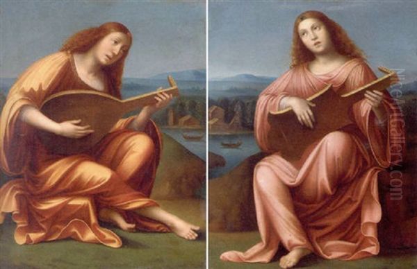 A Sybil In A Yellow Dress Playing The Mandolin - view 1