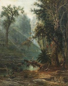 Pheasants Near A Lake In The Woods, Early Morning