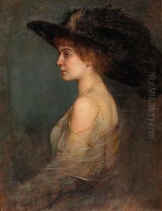 Profile Portrait Of A Woman With Large Hat Decorated With Feathers by Arthur von Ferraris