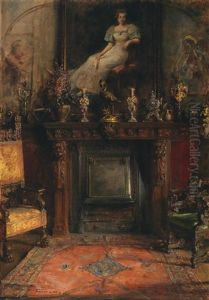 Interior With View Of A Fireplace And Painting by Arthur von Ferraris