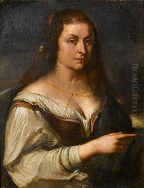 Portrait Of A Young Woman, Half-length, With A Flower In Her Hair, A Brown Waistcoat, A White Chemise And A Blue Wrap - view 1