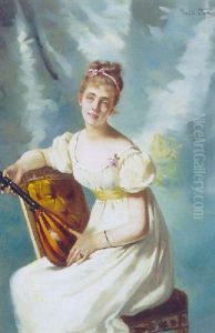 Portraet Af Siddende Ung Kvinde Med Mandolin