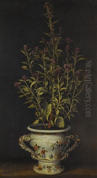 A Plant, Probably A Gomphrena, In A Nevers-style Faience Jardiniere - view 1