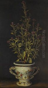 A Plant, Probably A Gomphrena, In A Nevers-style Faience Jardiniere by Benjamin Ferrers