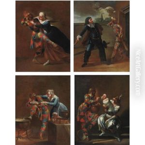Arlecchino Aggredito Dall'amante (+ 3 Others; 4 Works) by Giovanni Domenico Ferretti