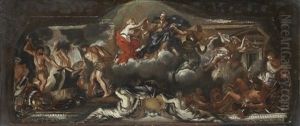 The Triumph Of Peace With The Cyclopes Making Armour And The Figure Of War In Chains; A Detail From The Ceiling Of The Salone In The Palazzo Barberini, Rome by Ciro Ferri