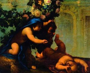 A Child Frightening Another With A Mask, A Swag Of Flowers Above A Child Frightening Another With A Mask, A Swag Of Flowers Above