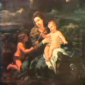 La Madonna Col Bambino E S. Giovannino In Un Paesaggio by Ciro Ferri