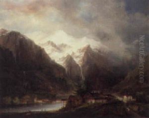 An Alpine River Landscape With Figures On A Track Before A Chalet by Domenico Ferri