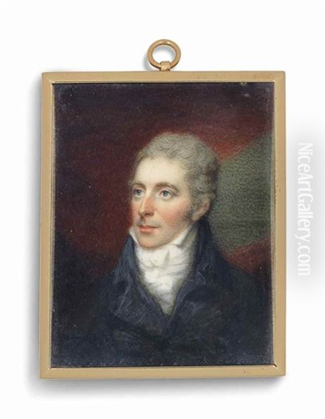 A Young Gentleman, In Blue Coat; Red Curtain Background - view 1