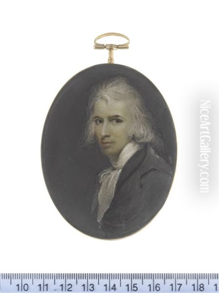 A Gentleman, Wearing Dark Grey Coat, White Stock And Loosely Tied White Cravat, His Hair Powdered And Falling Behind His Shoulders - view 1