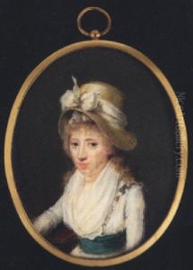Lady Mary Montagu Scott, Wearing Straw Bonnet With White Ribbon Bow, White Dress With Fichu And Green Waistband, She Rests Her Arm On A Table