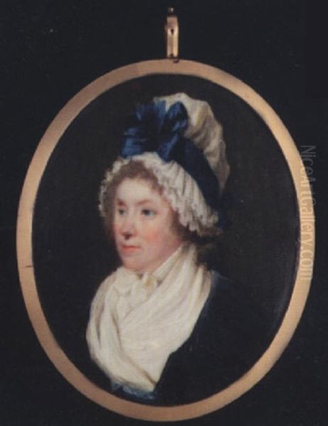 Lady Douglas (nee Frances Scott) Wearing White Fichu, Blue Waistband And Black Cloak With Frill, A White Indoor Bonnet Decorated With A Blue Bow Over Her Powdered Hair - view 1