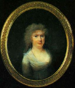 A Young Lady Wearing Decollete White Dress, Her Hair Curled And Powdered