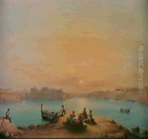 Valetta Harbour At Sunset, Figures In The Foreground & A Companion Piece Valetta Harbour At Sunset, Figures In The Foreground & A Companion Piece