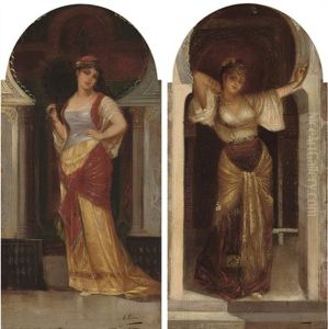 Oriental Beauty With Fan (+ A Token Of Love; Pair) by Egisto Ferroni