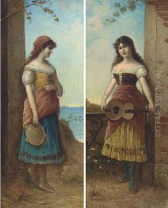 The Tambourine Girl (+ The Guitar Player; Pair) by Egisto Ferroni