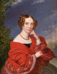 Portrait Einer Dame Mit Rotem Umhang Und Portrait Eines Herren by Leopold Fertbauer