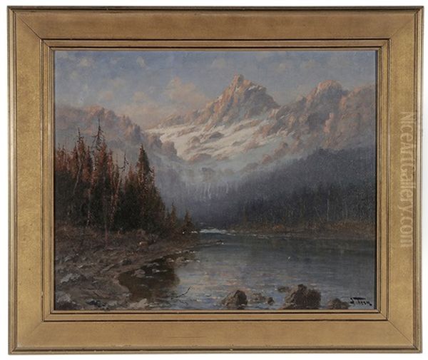 River With Moose Near Glacier Laden Ridge - view 1