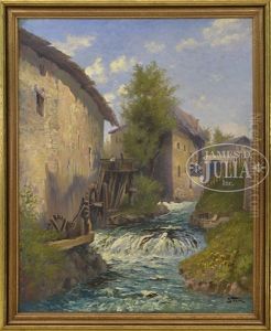 River Flowing Through A German Village With Mill