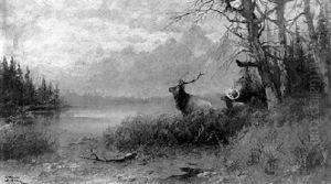 Two Elks In A Mountain Landscape Two Elks In A Mountain Landscape