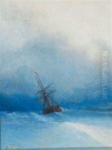 Segelschiff Mit Eingeholten Segeln Auf Sturmischer See by Adolf Ivanovich Fessler
