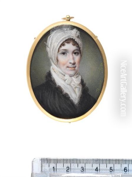 A Lady, Wearing Black Coat With Lace Trim, White Lace Collar And Fill-in, A Bonnet Tied At Her Neck, Her Hair Curled - view 1