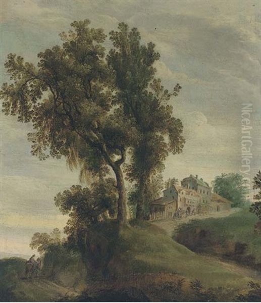 A Partly Wooded Landscape With Travellers On A Track Near A Village - view 1