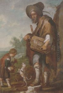 A Blind Man Playing A Hurdy-gurdy, Together With A Young Boy Playing The Drums, With A Dancing Dog