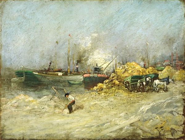 Hafenszene Mit Pferdekutsche Und Arbeiter - view 1