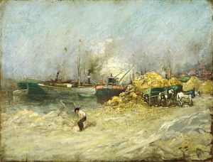 Hafenszene Mit Pferdekutsche Und Arbeiter by Theodor Feucht