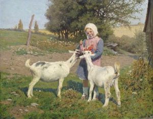 Zwei Ziegen Stibitzen Von Den Blumen Eines Kleinen Madchens by Theodor Feucht