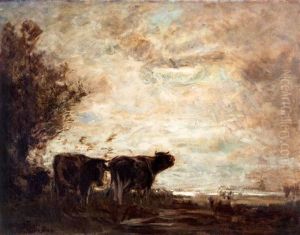 Twee Koeien In Polderlandschap Bij Avond by Arthur Feudel