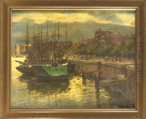 Hollandische Hafenpromenade Mit Ankernden Schiffen Und Figurenstaffage