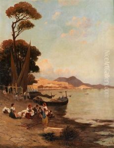 Abendliche Uferszene Mit Fischerfamilien Und Anliegenden Booten Im Golf Von Sorent by Carl Fey