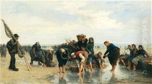 Oyster Fisherwomen On A Bustling Beach by Eugene Feyen