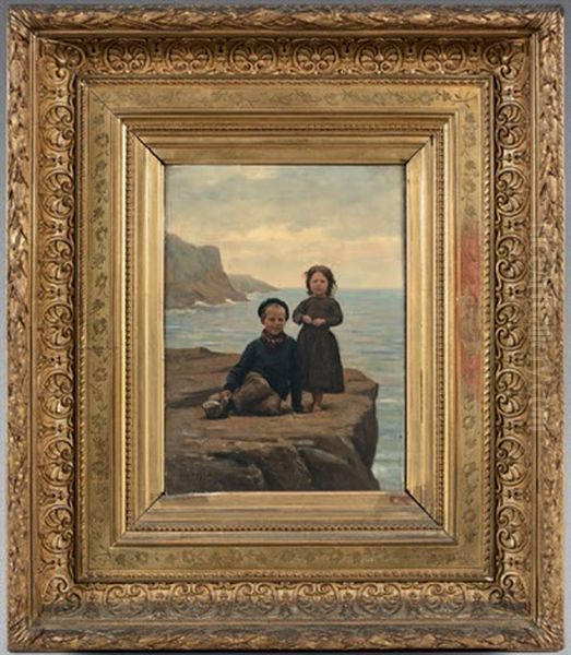 Deux Enfants Sur Un Rocher En Bord De Mer - view 1