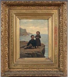 Deux Enfants Sur Un Rocher En Bord De Mer by Eugene Feyen