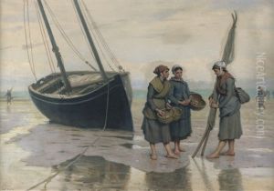Austernfischerinnen Am Strand Von Cancale by Eugene Feyen