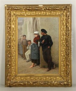 Figures Outside A Building by Eugene Feyen