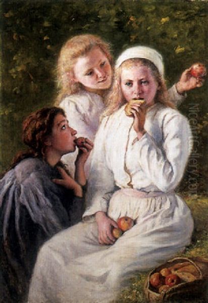 Three Young Girls Eating Apples - view 1