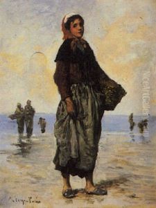 Ramasseuse De Coquillages Sur La Plage by Francois Nicolas Augustin Feyen-Perrin